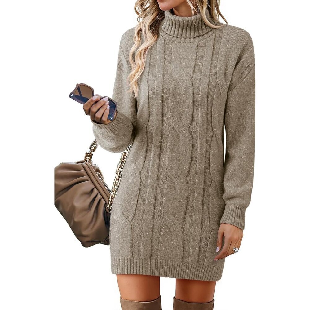 Warm and Stretchy Long Sleeve Turtleneck Midi Dress - Perfect for All Occasions - Picture 1 of 6